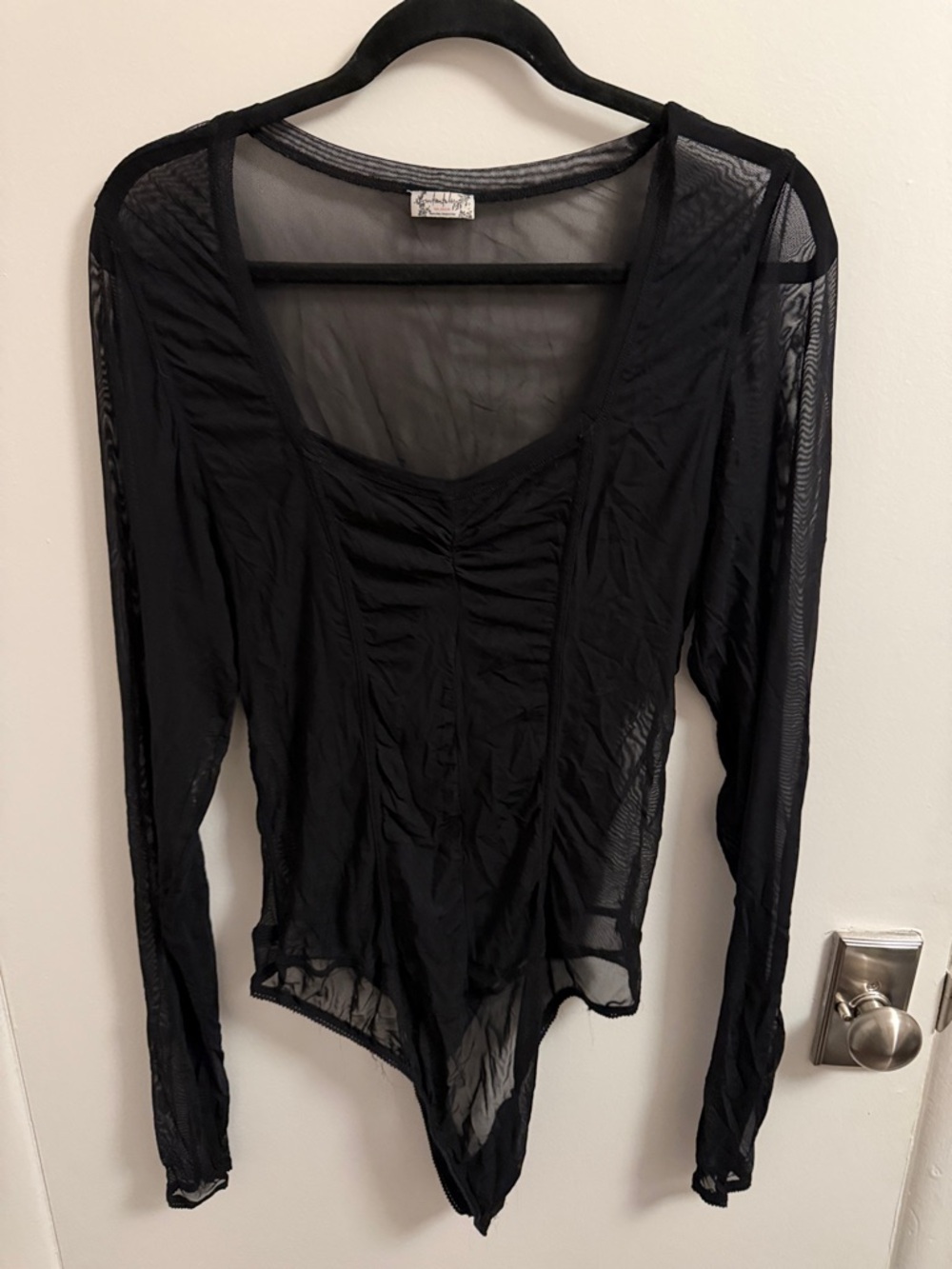 Free People Black Sheer Long-Sleeve Ruched Bodysuit
